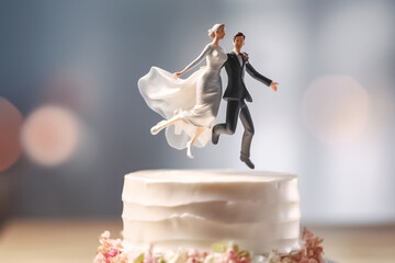3d model couple of bride and grooom doing activities on the top of wedding cake with blurry bokeh around them. generative AI