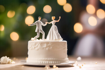 3d model couple of bride and grooom doing activities on the top of wedding cake with blurry bokeh around them. generative AI