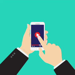 Flat Design style Human hand holding Smartphone with online media player app on screen ,vector design Element illustration isolate on green background.