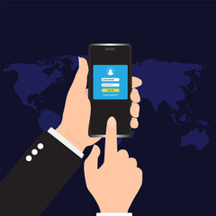 Login form page modern background for app development, online registration, smart phone mockups, website ui elements, user profile, access to account concept.