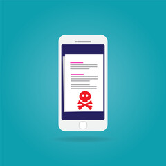 Smartphone and mail with red skull icon. Virus, malware, email fraud, email spam, phishing scam, hacker attack concept. Flat design graphics vector illustration.