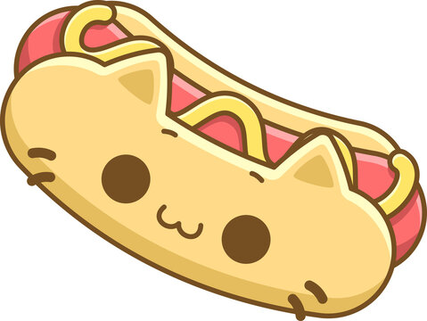 Hot dog vector, ilustraci&oacute;n de hot dog kawaii, hot dog con forma de gato, comida rapida, sin fondo
