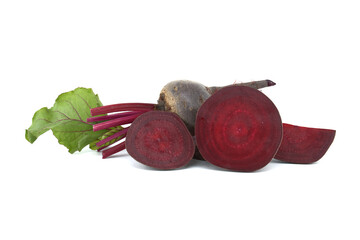 Sliced and whole fresh beetroot over whit