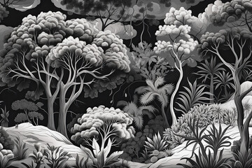 Wallpaper forest desert, black and white color, decoration, plants, sky, generative AI.