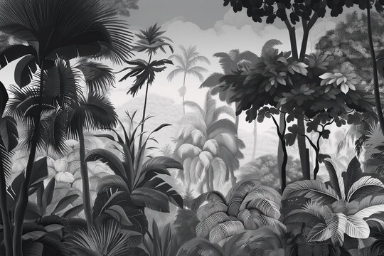 Wallpaper forest desert, black and white color, decoration, plants, fog,sky, generative AI. © MrNobody