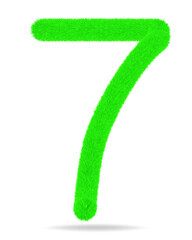 Number 7 in green color cute and furry. White background and shadow.