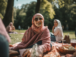 A Young Muslim Woman in a Hijab at a Picnic | Generative AI