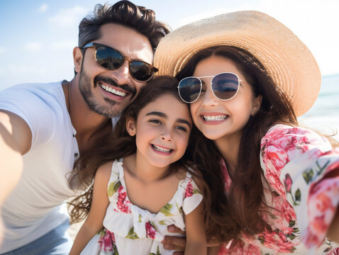 A Young Hispanic Family Taking a Selfie Outside | Generative AI