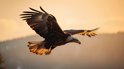 Fototapeta na wymiar Illustration of an American bald eagle flying in the sky. Generative AI.