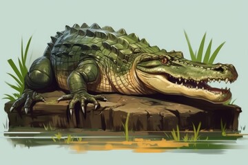 mighty alligator perched on a boulder in the water. Generative AI