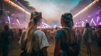 Two young women at an EDM music festival - obrazy, fototapety, plakaty