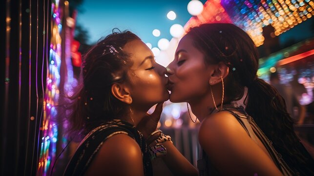 Young lesbian couple kissing at an EDM music festival, rave