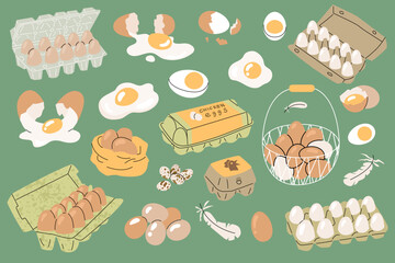 A set of images of eggs in different packages and states. Boiled, broken, fried, scrambled eggs, quail egg. Farm food, agricultural production. Vector objects isolated from the background.