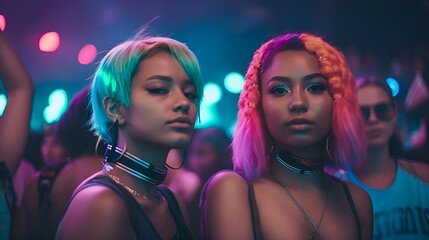 Two young women at an EDM music festival, friends at a rave