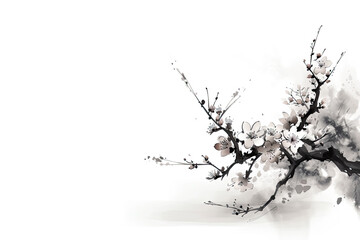 Traditional ink painting style sakura tree branches, Beautiful white cherry blossom, spring flowers.	