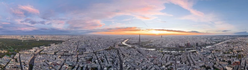 Papier peint Paris Beautiful view of famous Eiffel Tower in France with colorful twilight romantic sky. Wide establishing aerial morning sunrise or sunset of paris city center best travel destinations landmark in Europe