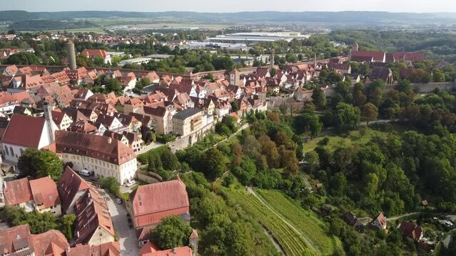 Rothenburg ob der Tauber Bavaria Germany reverse drone aerial view.old city tour