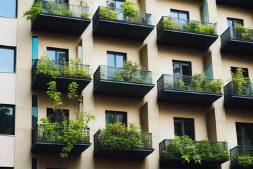 Fototapeta na wymiar building with balconies full of plants, trees, vegetation, Generative ai