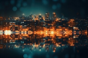 city skyline at night seen from across the water. Generative AI