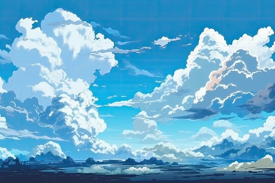 serene landscape with blue sky and water, and white clouds. Generative AI