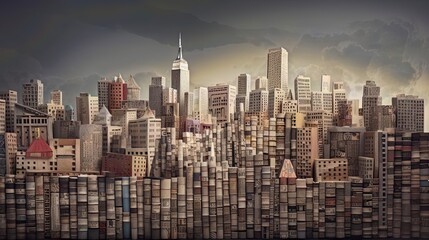 An image of a cityscape made of different book covers, representing the idea of books and stories shaping our understanding of the world around us. Generative AI