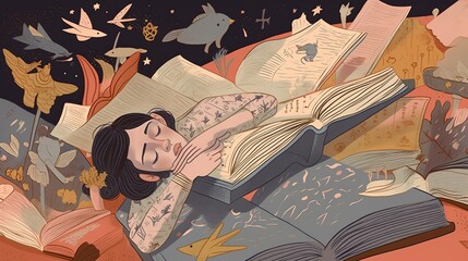 An image of a person lying on a book, with different characters and elements from the story surrounding them. Generative AI