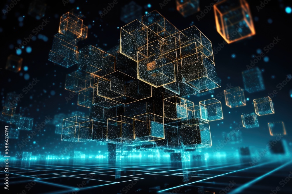 Poster floating cubes in an abstract space. generative ai