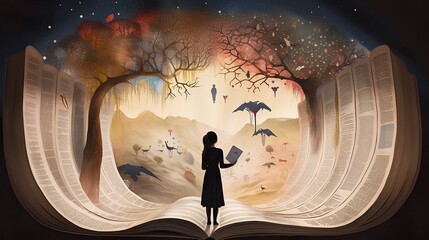 An image of a person standing in front of a giant open book, with different characters and scenes emerging from the pages to form a surreal backdrop. - Generative AI