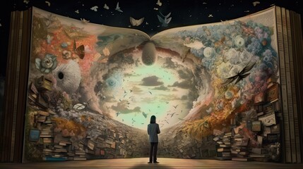 An image of a person standing in front of a giant open book, with different characters and scenes emerging from the pages to form a surreal backdrop. - Generative AI