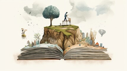 An image of a person standing on a book, with different characters and elements from the story forming the landscape beneath their feet - Generative AI - obrazy, fototapety, plakaty