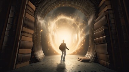 An image of a person walking through a magical portal formed by the pages of a book, entering a world of imagination and wonder - Generative AI