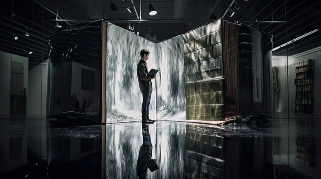 An image of a person standing in front of a giant book, with their reflection appearing in the glossy cover - Generative AI