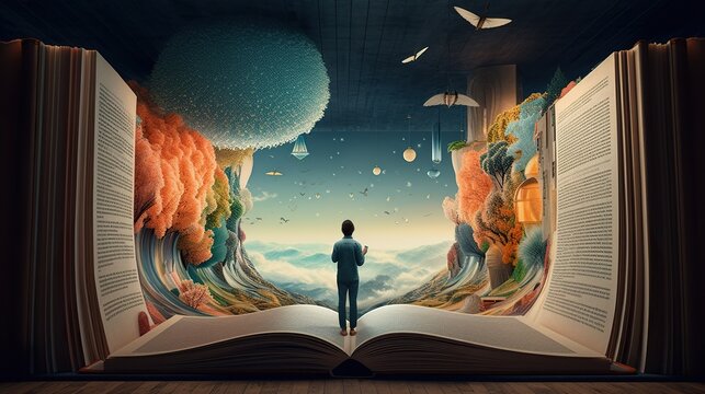 An image of a person standing in front of a giant open book, with different characters and scenes emerging from the pages to form a surreal backdrop. - Generative AI