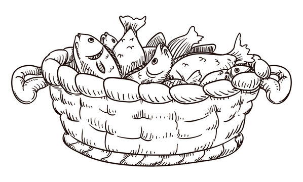 Basket full of fish in hand drawn style, Vector illustration