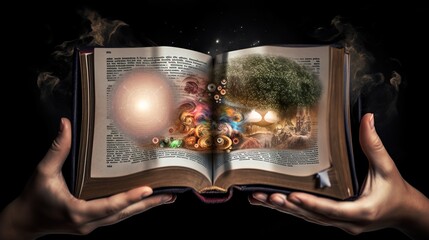 An image of a person's hands holding a book, with different characters and elements forming a surreal journey through various landscapes and settings. - Generative AI