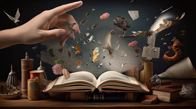 An image of a person's hand reaching into a book, with different characters and objects from the story spilling out. - Generative AI