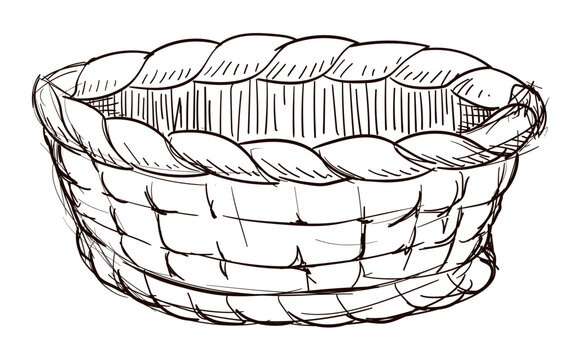 Woven basket in hand drawn style on white background, Vector illustration