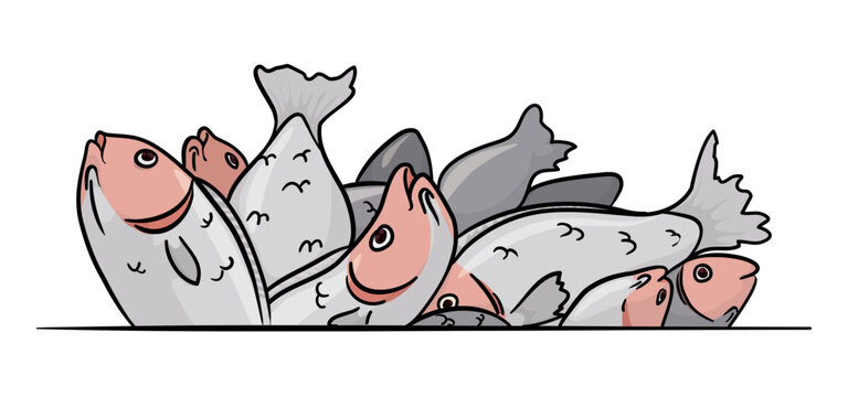 Dividing line with a group of fish in cartoon style and outlines, Vector illustration