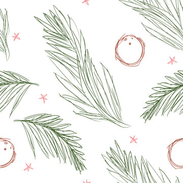 Seamless pattern with palm leaves, coconuts and stars, Vector illustration
