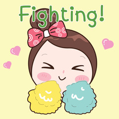 Cute woman cheerleader with pom-pom signs of encouragement on yellow background, flat style vector illustration.