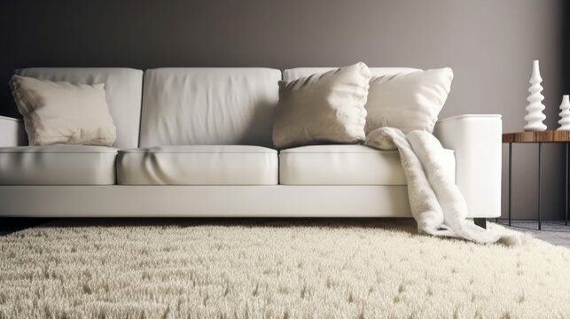 close up white sofa and fur carpet rug near window family room interior background, image ai generate