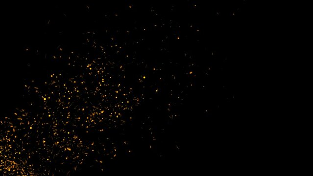 Particles of fire sparks rising through the left side of the screen on black background. Particles of fire sparks with silver screen background. Concept of fire, explosion, destruction, special effect