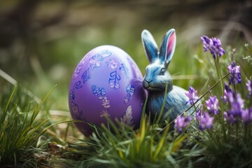 cute blue bunny sitting beside a purple Easter egg. Generative AI