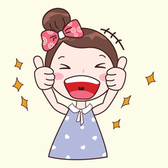 Obraz premium Vector isolated illustration of cute girl showing like, on the yellow background.