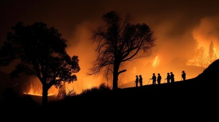 Fototapeta premium Silhouettes of fire fighters in the Forest fire with trees on fire. Generative AI