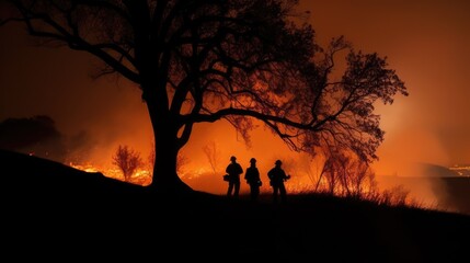 Silhouettes of fire fighters in the Forest fire with trees on fire. Generative AI