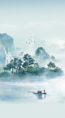 Chinese style ink and wash landscape painting Background watercolor artistic conception Landscape illustration