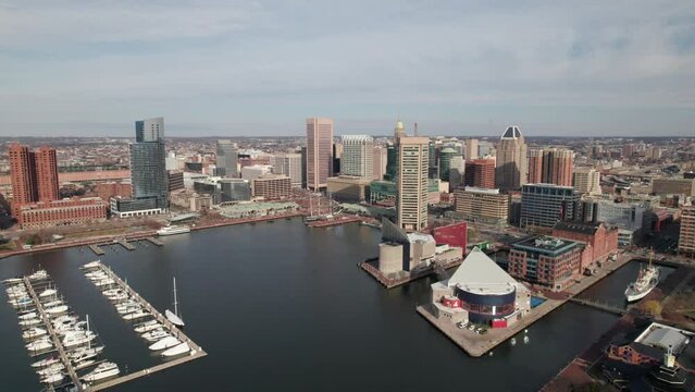 Panoramic aerial of downtown Baltimore, Maryland with National Aquarium and other landmarks.