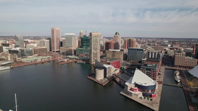 Historic waterfront area in Baltimore, MD. 4K aerial clip.