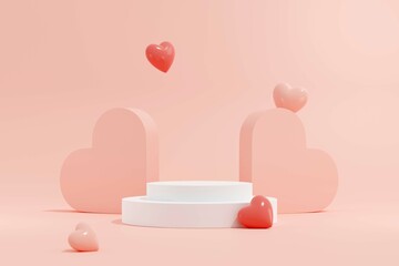 Abstract vector rendering 3d shape for products display presentation with white podium and pink hearts decorated. Happy valentine day concept.